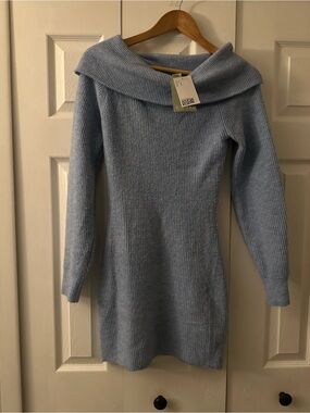 H&M Off Shoulder Ribbed Sweater Dress Light Blue NWT Size S Cozy Bodycon